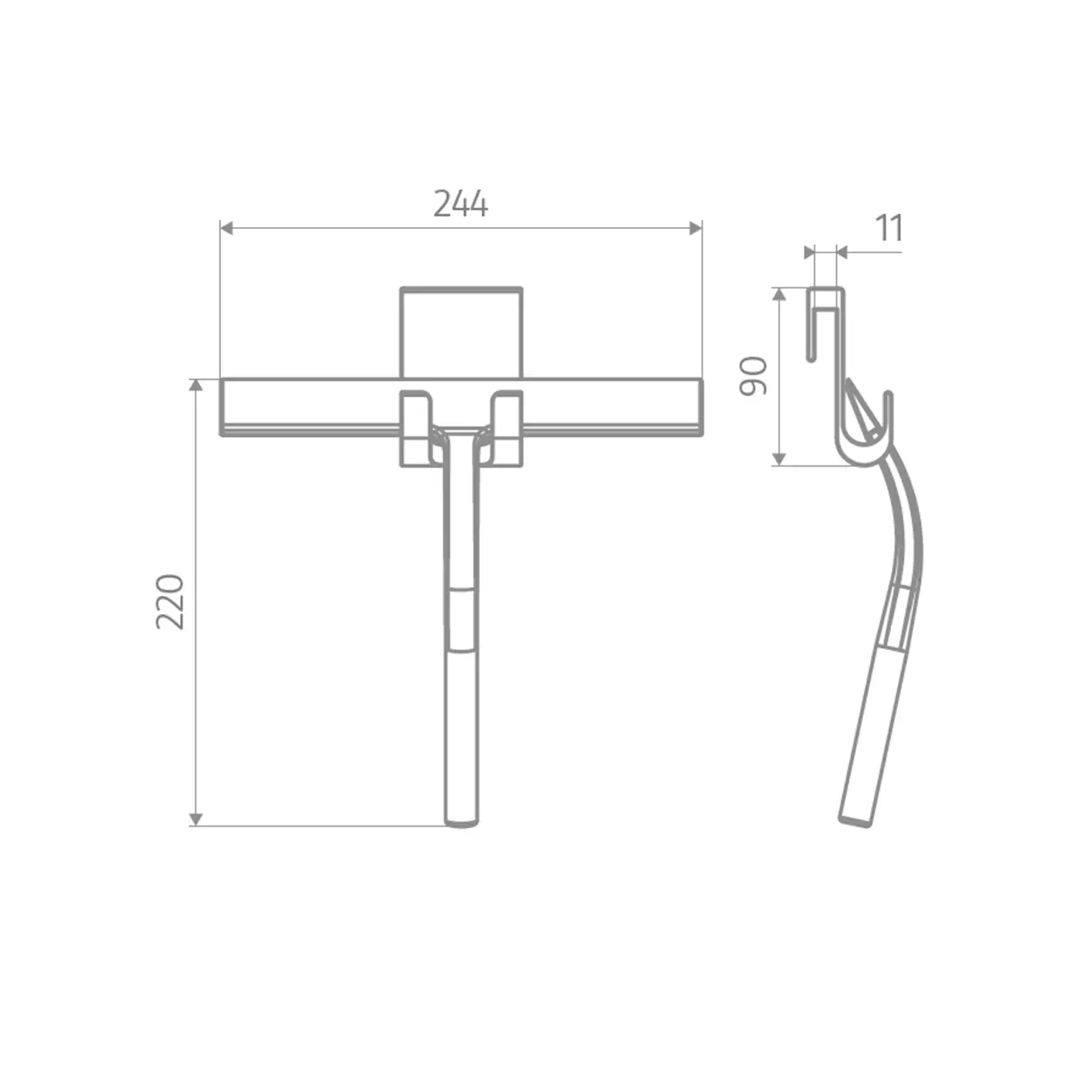 Maßzeichnung: HSK Silikon-Glaswischer schwarz matt – Breite 244 mm, Länge 220 mm, Halterung 90 mm, Stärke 11 mm