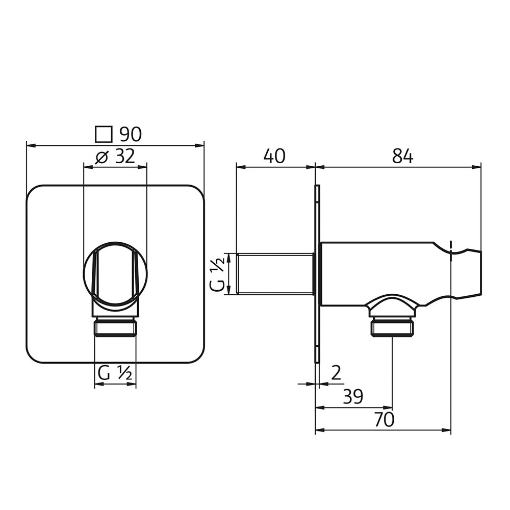 HSK Softcube Wandbogen mit integriertem Handbrausehalter - Produkt Art.Nr. 1180132 Skizze