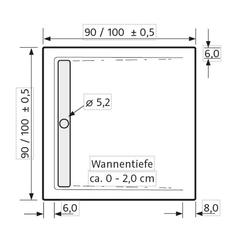 HSK Acryl Duschwanne mit intigrierter Ablaufrinne schmal - Superflach 90 x 90 cm weiß