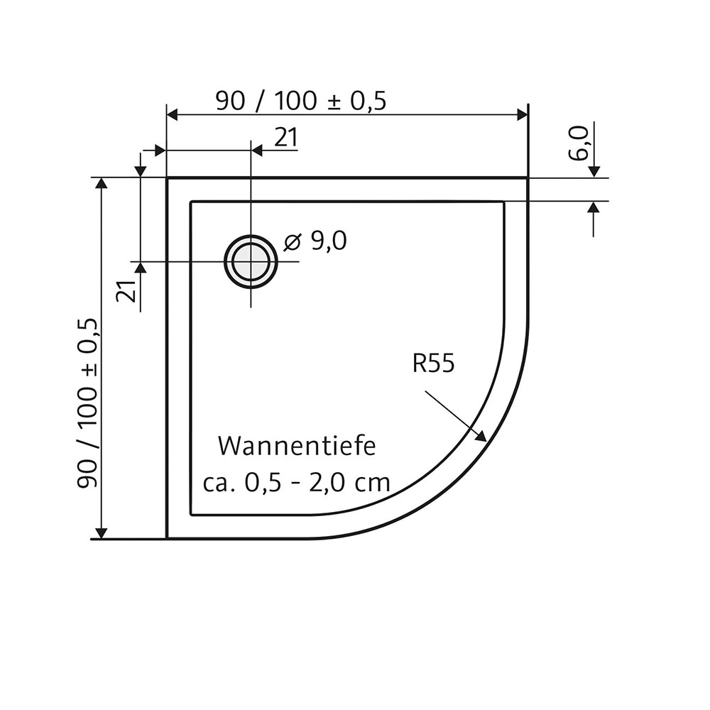 HSK Marmor-Polymer Duschwanne superflach - Viertelkreis - 90 x 90 cm-ohne Aquaproof-Dichtset-mit AntiSlip-Beschichtung