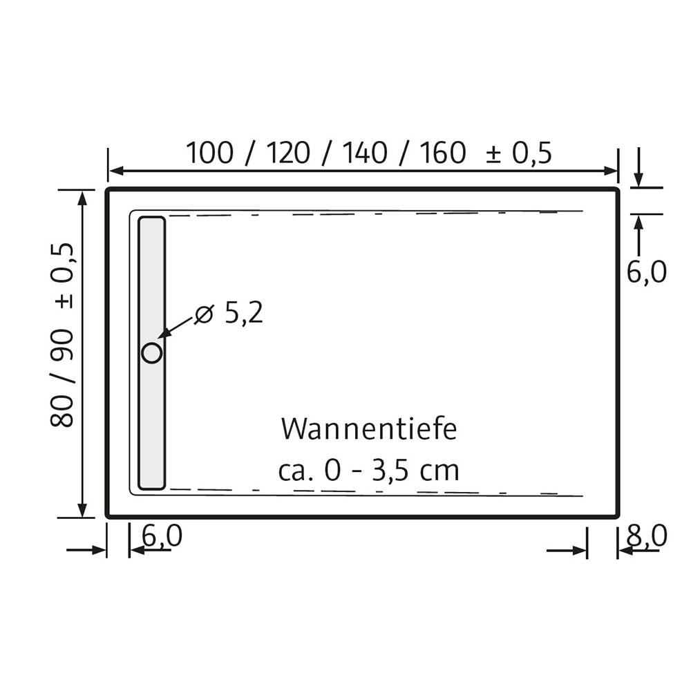 HSK Acryl Duschwanne - rechteckieg - mit intigrierter Ablaufrinne schmal - superflach 90 x 160 cm edelstahl poliert mit Aquaproof-Dichtset ohne AntiSlip-Beschichtung