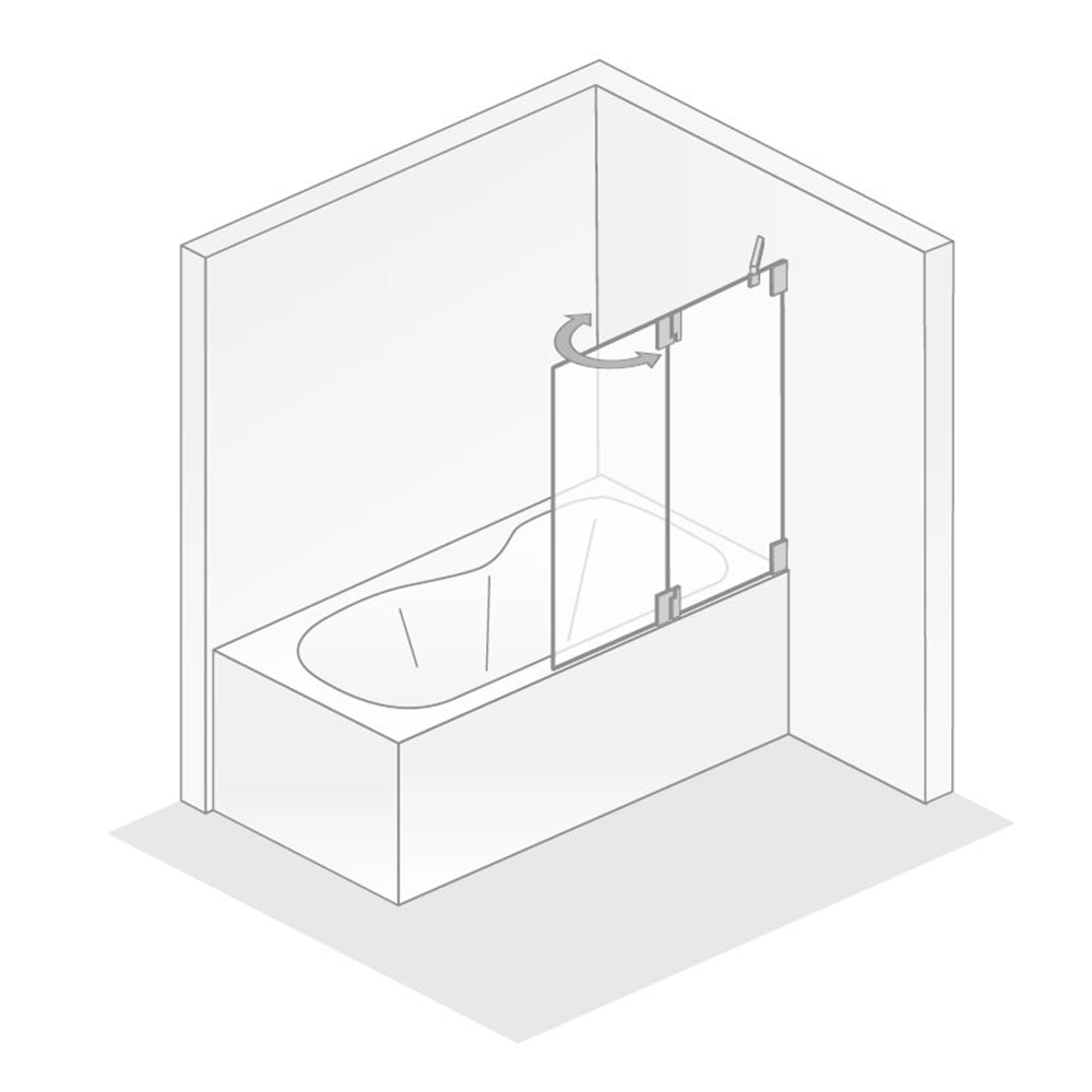 Eine Badewanne ist abgebildet, mit einer transparenten Duschtür, die an einer Wand montiert ist. Die Tür wird durch einen geschwungenen Bogen angezeigt, der ihre Öffnungsrichtung darstellt.